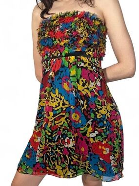 Betsy Johnson Black Multicolor Print Strapless Textured Bust Silk Dress